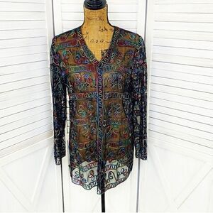 Jeannie‎ Rainbow Embroidered Sheer Button Front Cardigan Shirt Black Medium
